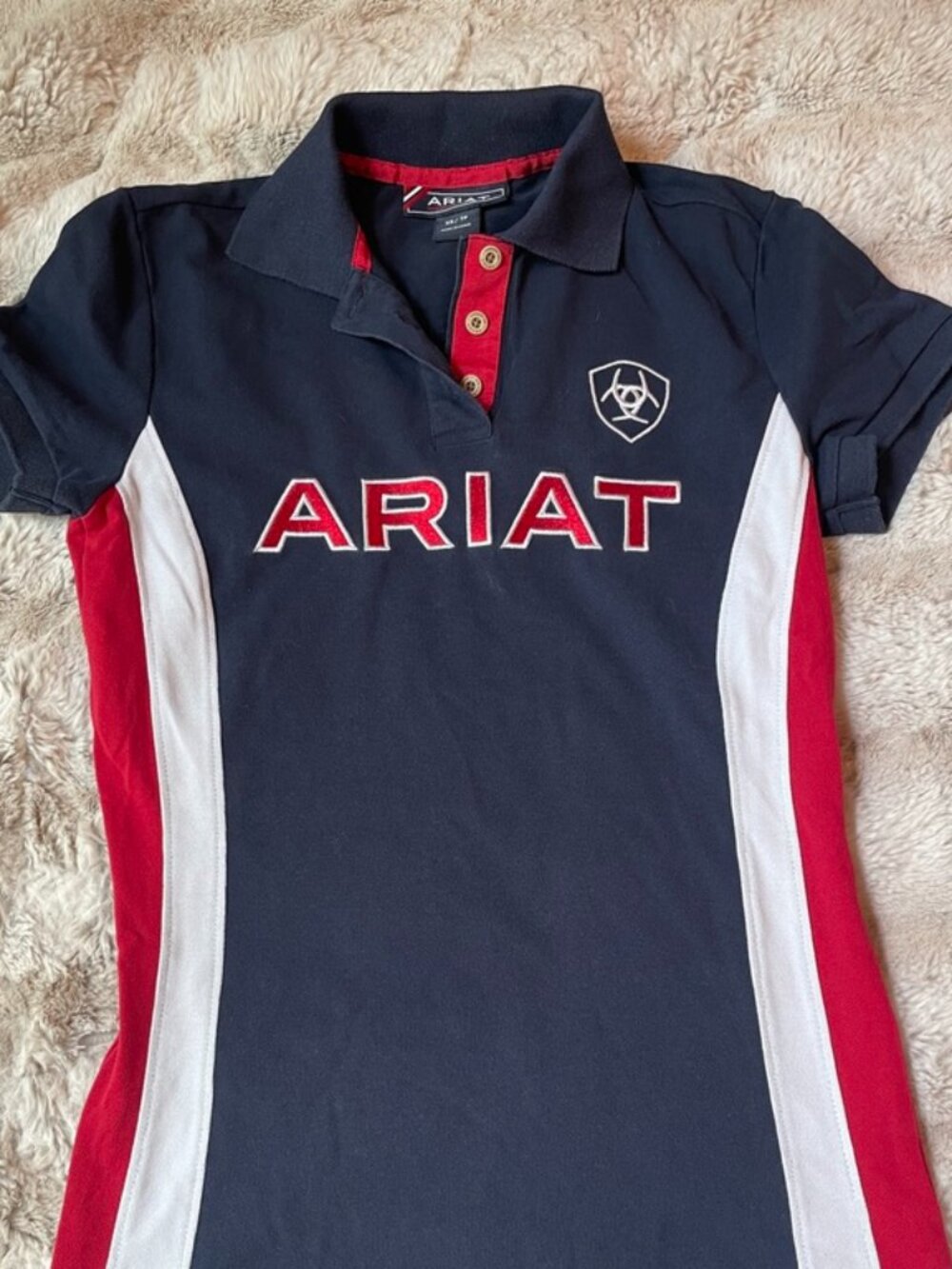 Women’s XS Blue White Red Ariat Horseback Riding Short Sleeve Team Polo Shirt